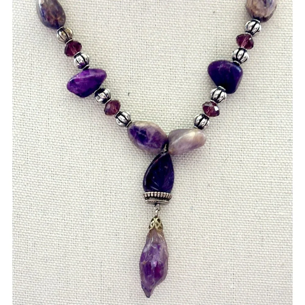 Purple & Pink Gemstone Beaded Necklace With Amethyst Pendant & Adjustable Chain